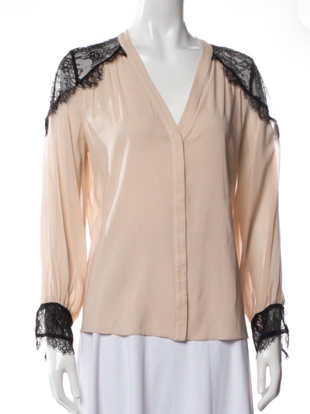 Alice + Olivia Beige Silk Lace-Trim Long Sleeve Blouse